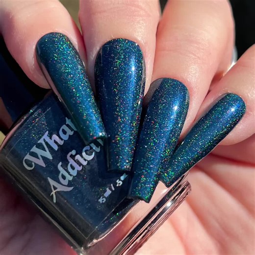 *PR I told ya! So many gorgeous sparkles from @whataddiction’s Fall Collection! ✨ Here’s, Starry Harvest Sky 🌟 Swatches show 3 coats, in sunlight, with glossy top coat. Details: 🌟 Starry Harvest Sky- A blackened navy blue base filled with blue shimmer and small particle holographic pigment. $13.50 💨 Blackberry Fog- A blackened red base filled with red shimmer and small particle holographic pigment. $13.50 🌚 Velvet Dusk- A blackened plum purple base filled with purple shimmer. $13.00 🌙 Twili