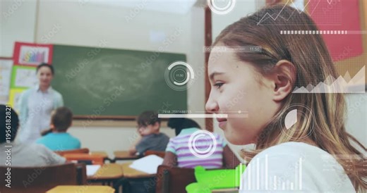 Two girls whispering, sharing secret after left girl cupping ear in class, HUD circling smiles