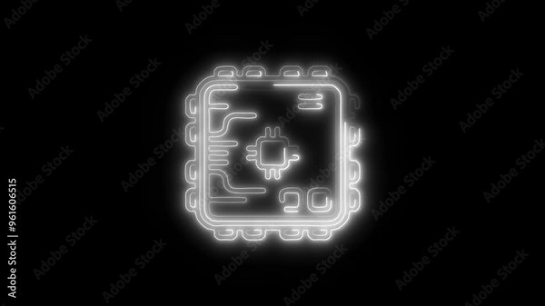 Neon Embedded Chip Icon Video HD - Glowing Technology Microchip Symbol with Circuit and Processor Design on Black Background Animation