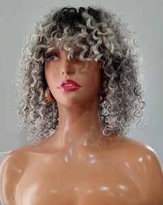 Curly Grey-silver-black Wig With Bangs: Human Hair Blend - Etsy Canada