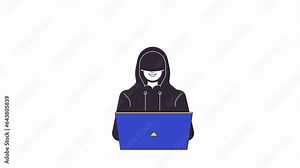 Laptop typing criminal with hoodie line 2D character animation. Cyber attack flat color cartoon 4K video, alpha channel. Anonymous unknown computer hacker coding animated person on white background