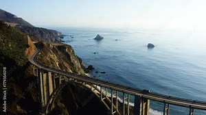 4k aerial footage of Bixby Creek Bridge on the Big Sur coast of California, USA. Ocean waves . Road to the San Francisco at sunset by a rocky coast. Stunning architectural in the natural landscape