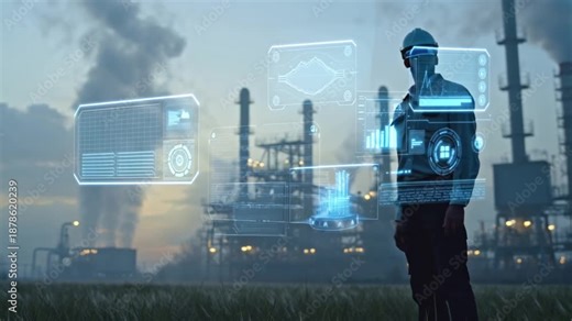 4K cinematic stock video field engineer using augmented reality AR glasses monitor industrial SCADA data, standing near turbines pipelines, AR overlays projecting live sensor data, glowing charts
