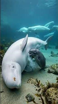 Mother Beluga protects her newborn calf in the Arctic 🐋💙 #wildlifephotography #ocean