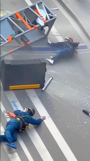 Scaffolding basket plummets! Workers crash to ground—heart-stopping! 😱🏗️ #HighAltitudeWork