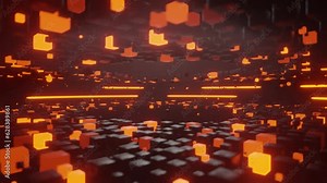 3D Sci-Fi Scene With Black And Orange Rotating Cubes That Light Up Intermittently, Vibrant, Abstract