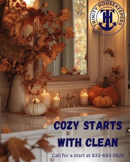  Cozy Starts with Clean ✨ This fall, let your bathroom feel as refreshing as the crisp autumn air.  A spotless space sets the stage for true seasonal comfort and warmth.  Trinity Housekeepers – 833-693-5625 ⚓ The Anchor to Your Cleaning Needs | Trinity HouseKeeper | Facebook