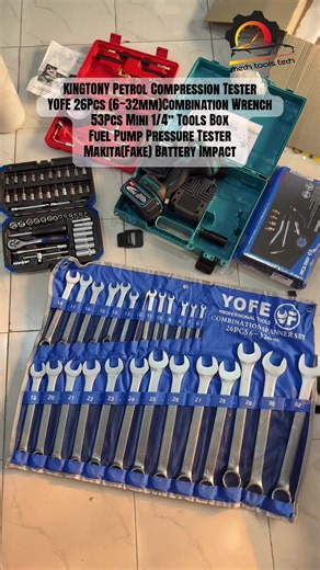 KINGTONY Petrol Compression Tester YOFE 26Pcs (6~32mm)Combination Wrench 53Pcs Mini 1/4” Tools Box Fuel Pump Pressure Tester Makita(Fake) Battery Impact