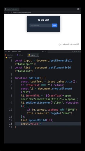 Create a clean and functional To-Do List app using HTML, CSS, and JavaScript! Add tasks easily by pressing Enter, mark them complete, and organize your daily tasks efficiently. Perfect for beginners and web development enthusiasts! #CodeWithToushif #ToDoListApp #HTMLCSSJS #FrontendDevelopment #WebDesign #WebDevelopment #CodingReels #DailyTasks #ProductivityApp #LearnToCode | Code With Toushif