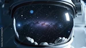 Astronaut's helmet reflects a breathtaking view of the vast, starry galaxy, evoking wonder and exploration.