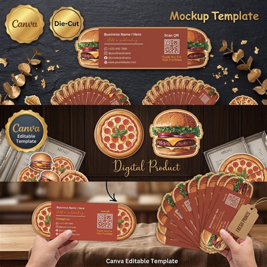 Unique Folded Food Business Card Template | Pizza and Burger Pop-up Canva Editable Design | DIY Die-cut Printable QR Code | Digital Product - Etsy