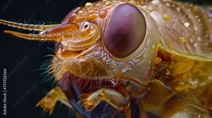 A detailed closeup of the head of a cricket larva displaying its mouthparts and prominent antenna and highlighting the creatures intricate . AI generation.