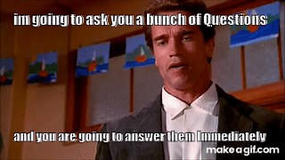 I'M GOING TO ASK QUESTIONS. I WANT THEM ANSWERED IMMEDIATELY - Arnold Schwarzenegger on Make a GIF