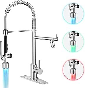 FORIOUS LED Kitchen Faucets Commercial Chrome, High Pressure Classic Pull Down Sink Faucet with Led Light Sprayer Double-Headed Stainless Steel for Restaurant Bar Laundry