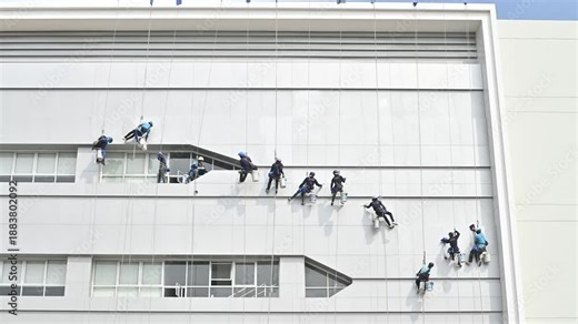 A team of window cleaners skillfully works on a high-rise building, showcasing precision and teamwork