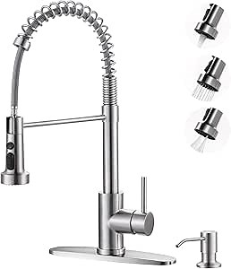 Brushed Nickel Kitchen Sink Faucet: Stainless Steel Kitchen Faucets with Soap Dispenser - 3-Function Single Handle Kitchen Faucets with Pull Down Sprayer for Farmhouse RV Laundry