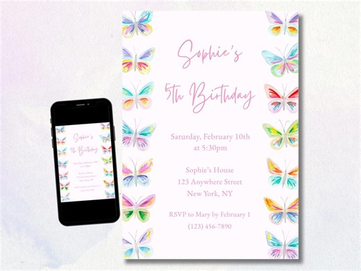 Butterfly Birthday Invite | Watercolor Rainbow Butterflies | Editable Canva Template | Instant Digital Download - Etsy