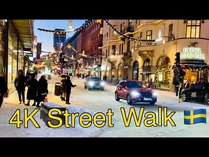 Winter walk in central Stockholm. Snow, street life and ice skating. 4K Stureplan - Kungsträdgården.