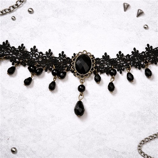 Gothic Lace Choker Necklace With Black Beads – Victorian Dark Style Jewelry - Etsy