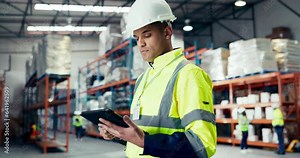 Man, tablet and logistics, ecommerce or warehouse for stock inventory management, package data and supply chain. Worker typing on digital tech for industry boxes, distribution and shipping services