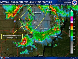 Severe thunderstorms have developed across NE OK early this morning. Storms may produce wind gusts up to 70 mph and hail up to the size of ping pong balls through at least 7 AM, including in the Tulsa metro area. | US National Weather Service Tulsa Oklahoma