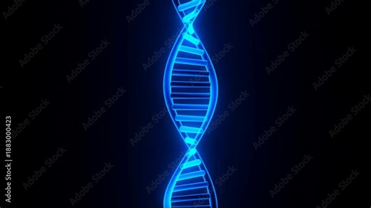 Glowing blue dna strand animation twisting and rotating in dark background