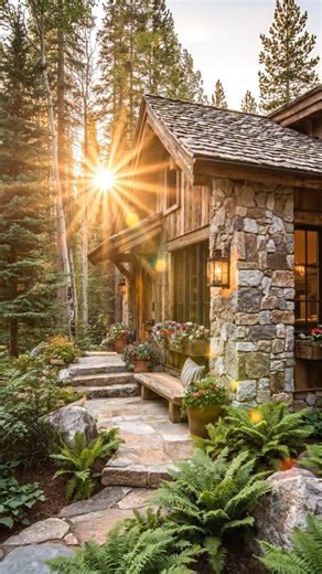 A Forest Stone Cabin Straight Out of a Dream Tucked deep within towering pines, this rustic forest cabin feels like something pulled from the pages of a storybook. Weathered wood siding, natural stone walls, and warm lantern light create the perfect cozy mountain retreat. The handcrafted timber beams and flower filled window boxes add charm, while the stone pathway invites you to slow down and breathe in the scent of fresh pine. Surrounded by lush greenery and peaceful woodland silence, this cab