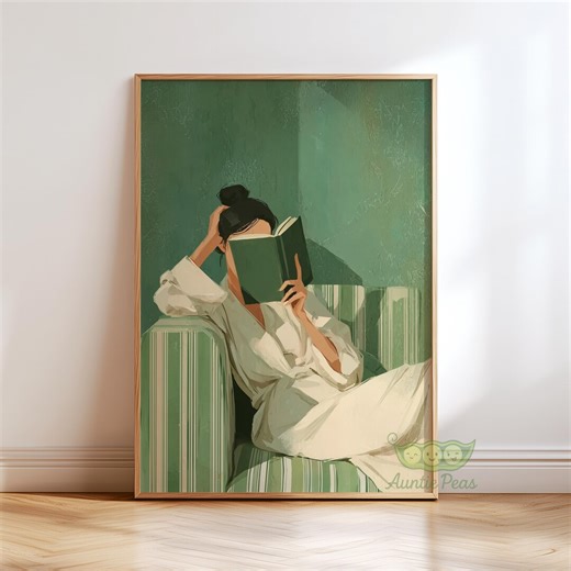 Art mural femme vert émeraude lisant, impression confortable amateur de livres, décoration d'intérieur moderne minimaliste, affiche de lecture contemporaine, art abstrait vert - Etsy France