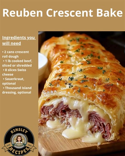 🥐 Reuben Crescent Bake 🧀 Golden crescent dough filled with savory beef and melty Swiss cheese for the ultimate comfort bite 💛 ✨ Main Ingredients: • Crescent roll dough • Swiss cheese • Cooked beef Full cozy bake recipe in C.o.m.m.e.n.t.s 💬👇 | Kinsley Recipes