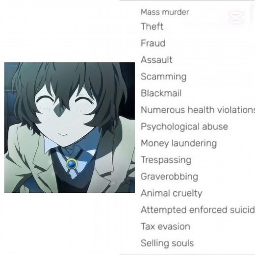 Dazai’s list of crimes 😂 #dazai #crimes #bungostraydogs
