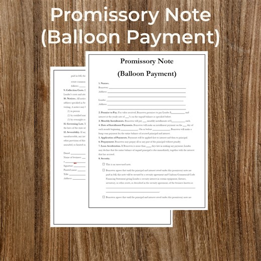 Balloon Payment Promissory Note Form | Printable Fillable PDF - Etsy UK