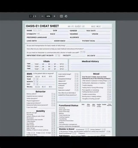 OASIS-E1 Cheat Sheet: Home Health Nurse OASIS Start of Care SOC Template (2025) - Etsy