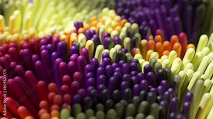 Vibrant 3D abstract visualization of cylindrical shapes in a gradient of rainbow colors, offering a playful and colorful texture