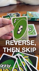 The Flex Reverse Card, when played with a Power Card, acts as a REVERSE then SKIP, so game play goes in the opposite direction and the first player in that direction is skipped. 🔄🚫 | UNO