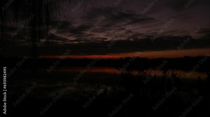 Time lapse of sunrise over the water. Silhouette of pampas grass and branch of weeping willow. Cloudy sky with beautiful sunlight.