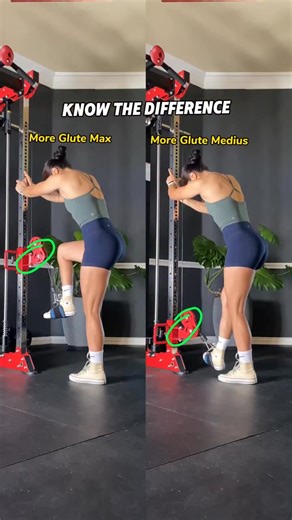 Cable Kickbacks Variations Know the Difference Gluteus Medius (External Rotation): 1. Set the pulley at the bottom. 2. Externally rotate your working leg to 45 degrees for better gluteus medius engagement. 3. Kick at a 45-degree angle to engage the gluteus medius. Gluteus Maximus (Straight Kickback): 1. Set the pulley at or slightly below hip level to ensure a straight kickback. 2. Step down with your working leg for stability. 3. Kick straight back to maximize gluteus maximus activation. #glute