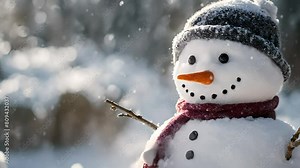 snowman with falling snow, footage, 4k footage, short video, slow motion Stock Video
