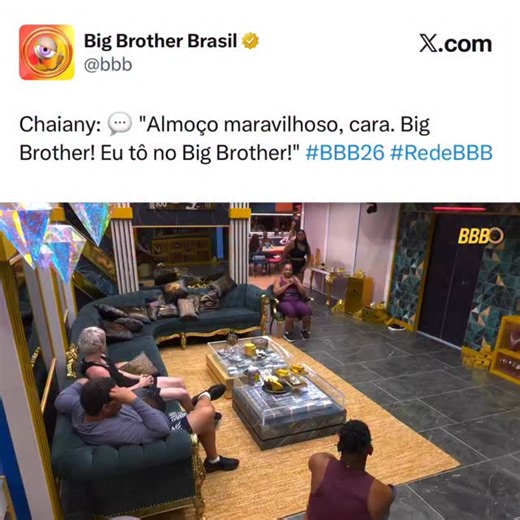 Hugo Gloss on Instagram: "A casa do #BBB26 toda: 🤯🤬😡🫨👿👹😤 A Chaiany: Tô no Big Brother! 😍 Kkkkkk diva assistindo a tudo de pertinho no pacote pay-per-view super ultra premium master plus! (📹: @bbb)"