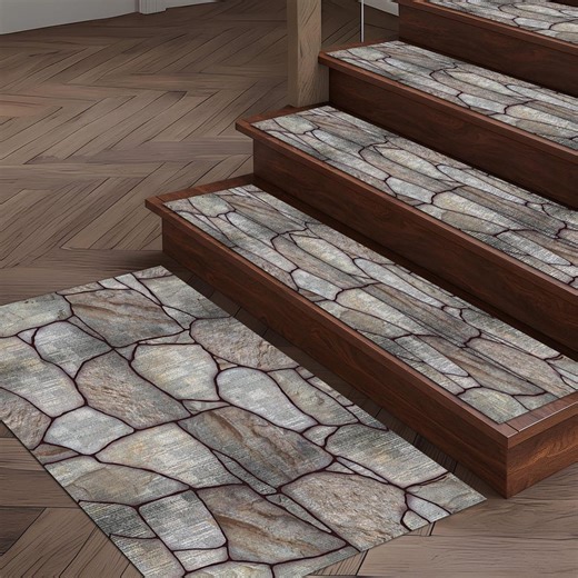 Natural Cobblestone Pattern Stair Rug, Earth Tone Stone Path Stair Carpet, Rustic Pebble Masonry Stair Rug - Etsy