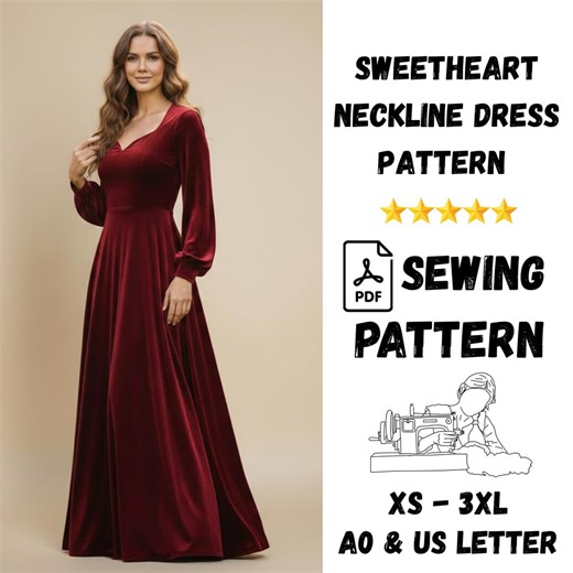 Sweetheart Neckline Maxi Dress Sewing Pattern, Long Sleeve Gown (PDF, XS–3XL - Etsy
