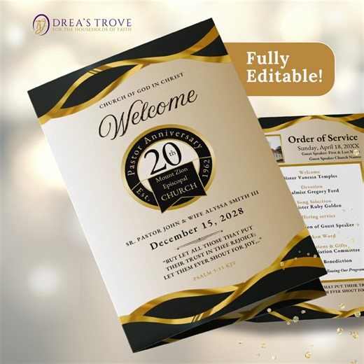 Gold & Black Church Anniversary Program Template (canva) - Etsy