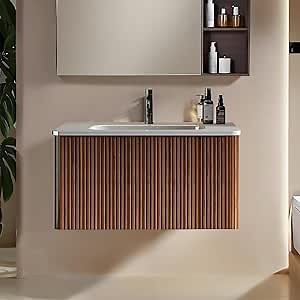 30 Inch Floating Bath Vanity, Pre-assembled Bathroom Vanity with Ceramic Sink, Wall Mount Vanity with Large Drawer, Modern Stripe Wood Texture Vanity for Bathroom, Walnut