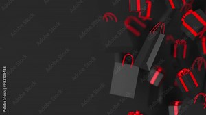 Black gift boxes with red ribbon, shopping bags floating, rotating on black background. Shopping offer concept. Black Friday Sale advertisement 3d render animation loop