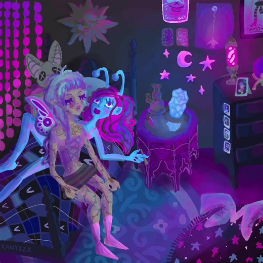 decided to animate a drawing i did ab a month ago cuz why tf not lol. meet Luna and Alexa #animation #whimsigoth #pastelgoth #art #gardentok