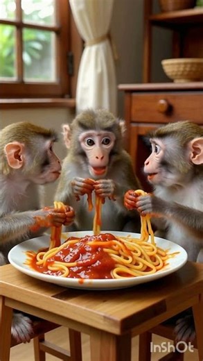 Three Monkeys Eating Spaghetti with Spicy Sauce 🍝