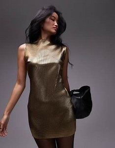 Topshop plisse mini dress in gold | ASOS
