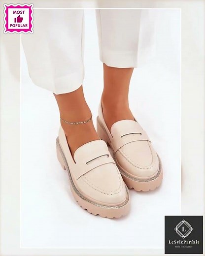 Women’s Beige Rhinestone Penny Platform Loafers