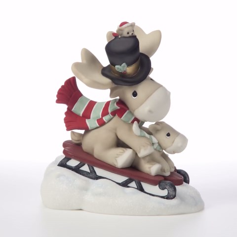 Precious Moments Dashing Through The Snow with Christmoose Cheer Figurine – Bisque Porcelain Moose Father & Child Sledding Holiday Keepsake – 251033