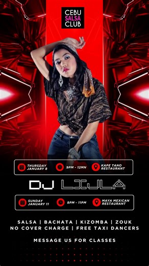 Cebu Salsa Bachata Kizomba Zouk on Instagram: "🔥✨ TWO NIGHTS. ONE DJ. NO RESTRAINTS. ✨🔥 January turns up the heat with DJ LIJLA behind the decks — two nights of slow burns, deep rhythms, and bodies moving close. 🔥 THURSDAY — JANUARY 8 📍 @kapetanorestaurant ⏰ 9PM–12MN 🎶 Salsa • Bachata • Kizomba • Zouk 👔 No dress code 🔥 SUNDAY — JANUARY 11 📍 @mayacebu ⏰ 8PM–11PM 🎶 Salsa • Bachata • Kizomba • Zouk 👔 Dress code: No slippers or sleeveless tees for men Low lights. Close dances. Music that p