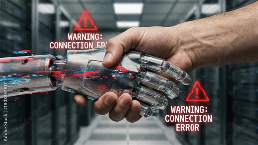 Ai handshake risk warning red alert connection error glitch robot hand human hand controls in server room cyber threat digital trust failure